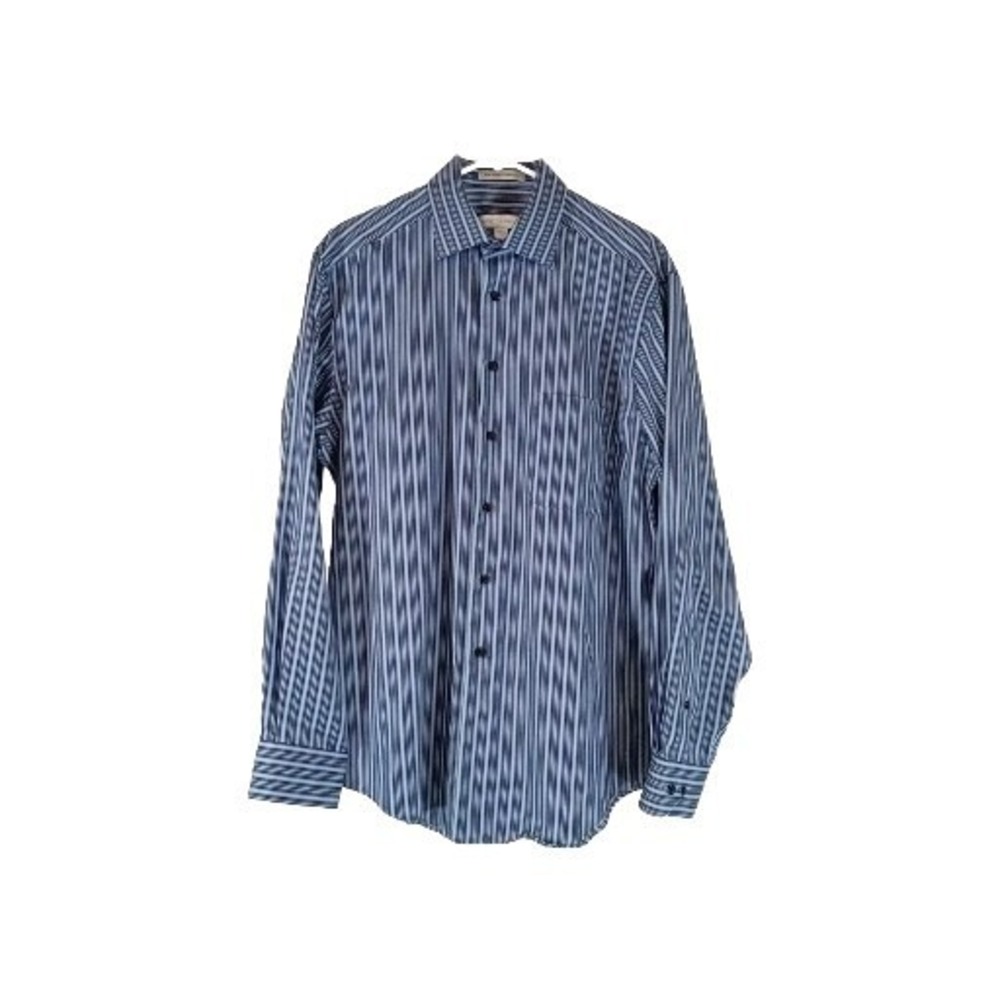 Pronto Uomo Dress Shirt Men LARGE Blue Black White Striped Long Sl Button Up